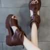 Casual Hollow Out Wedge Sandals Brown Cowhide Leather Platform Chunky High Heels