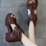 Casual Hollow Out Wedge Sandals Brown Cowhide Leather Platform Chunky High Heels