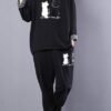 casual vintage cotton cats prints two pieces o neck long sleeve tops and elastic waist drawstring pants