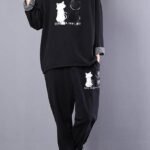 casual vintage cotton cats prints two pieces o neck long sleeve tops and elastic waist drawstring pants