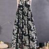 Chic Black Print Wrinkled Spaghetti Strap Long Dress Sleeveless