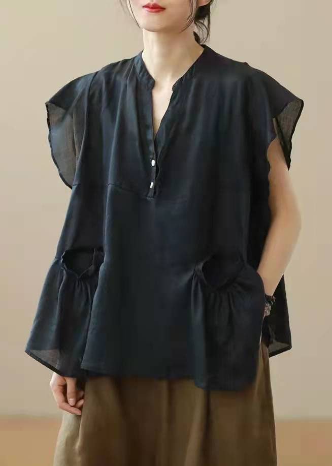 Chic Black V Neck Patchwork Fall Shirt Top Short Sleeve