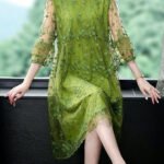 Chic Green O Neck Embroidered Patchwork Tulle Mid Dress Summer