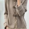 Chinese Light Camel Grey Stand Collar Button Knit Coats Long Sleeve