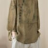 Chinese Style Khaki Green Stand Collar Print Patchwork Linen Shirt Summer
