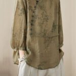 Chinese Style Khaki Green Stand Collar Print Patchwork Linen Shirt Summer