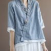 Chinese Style Lake Blue V Neck Double-deck Cotton Top Half Sleeve