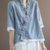 Chinese Style Lake Blue V Neck Double-deck Cotton Top Half Sleeve