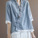 Chinese Style Lake Blue V Neck Double-deck Cotton Top Half Sleeve