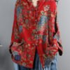Chinese Style Red Print Pockets Button Patchwork Cotton Coats Long Sleeve