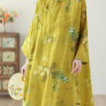 Chinese Style Yellow Stand Collar Print Button Linen Shirts Long Sleeve