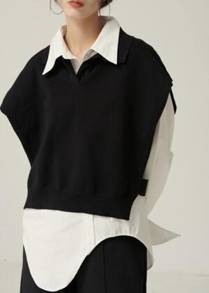 Chunky black knitwear plus size clothing lapel sleeveless tops