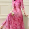 Classy Pink Print Wrinkled Tie Waist Chiffon Maxi Dresses Half Sleeve