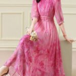 Classy Pink Print Wrinkled Tie Waist Chiffon Maxi Dresses Half Sleeve