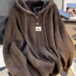 Coffee Button Lace Up Cotton Knit Tops Hooded Long Sleeve
