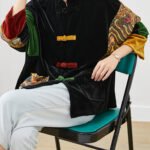 DIY Black Oversized Patchwork Chinese Button Silk Velour Coat Fall