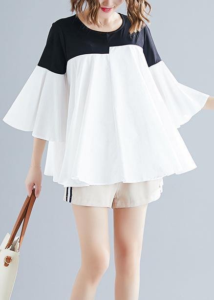 DIY o neck flare sleeve cotton blended shirts Women Tops white Knee tops Summer