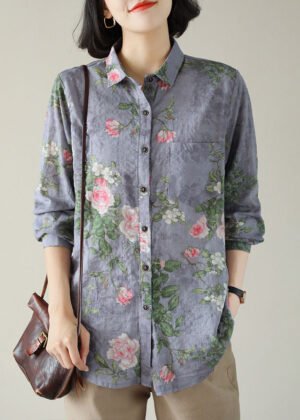 diy Purple Peter Pan Collar Pockets Button Print Fall Blouses Long sleeve