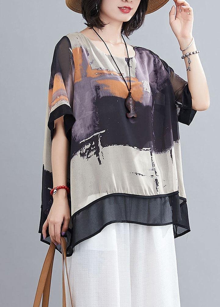 DIY Purple Print Chiffon tops White Wide Leg Summer Two Pieces Set