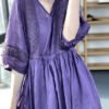 Diy Purple V Neck Cinched Lace Patchwork Exra Large Hem Cotton Dresses Lantern Sleeve