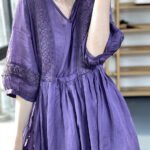 Diy Purple V Neck Cinched Lace Patchwork Exra Large Hem Cotton Dresses Lantern Sleeve