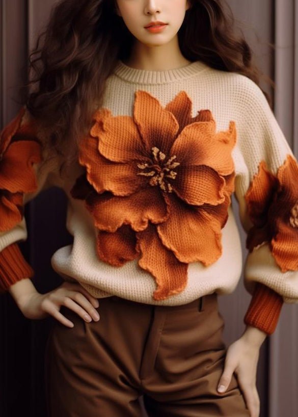 Elegant Apricot Floral Cozy Knit Sweaters Fall