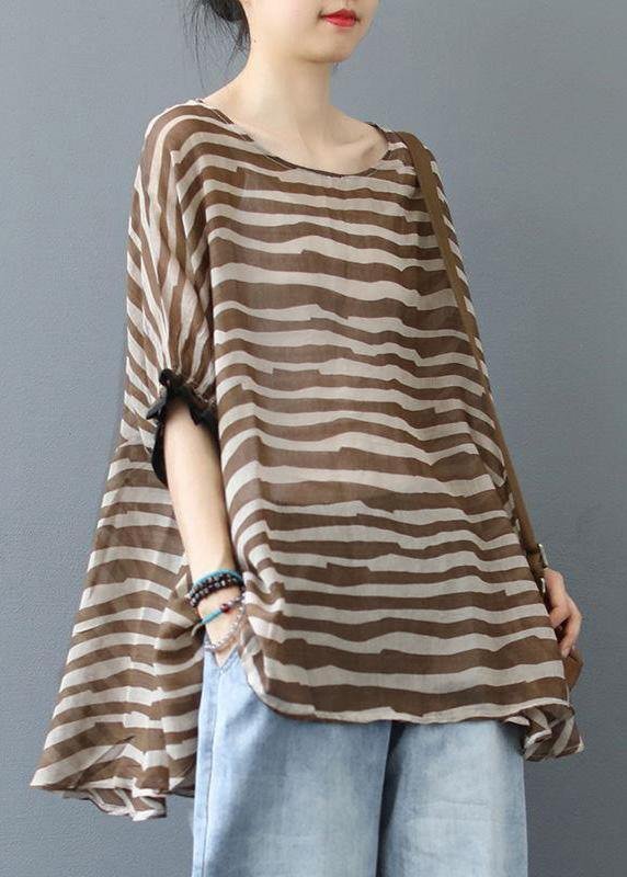Elegant Chocolate Striped Clothes For Women O Neck Midi Blouse
