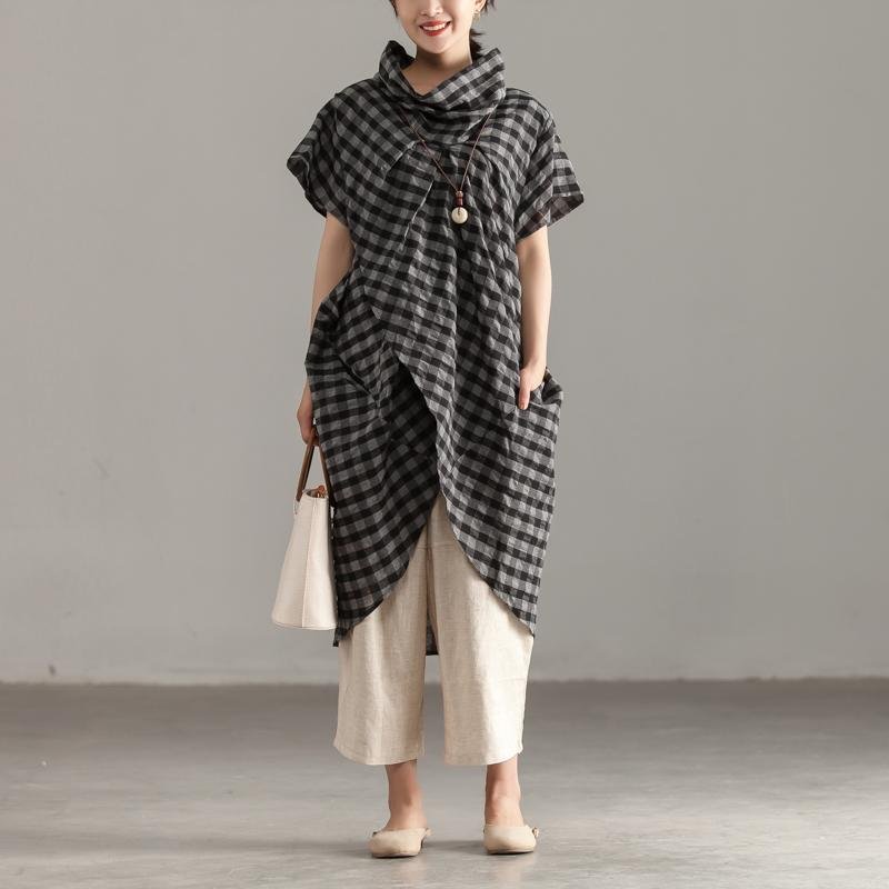 Elegant linen cotton tops plus size Mock Neck Short Sleeve Lattice Irregular Tops