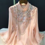 Elegant Lotus Pink Floral Embroidery Mock Neck Fog Button 3/4 Sleeve Loose Shirt