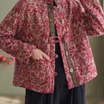 Elegant Red Print Pockets Cotton Filled Parka Winter