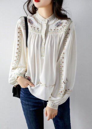 Elegant White 2025 Embroideried Chiffon Blouse Tops Long Sleeve