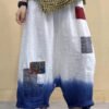 Elegant White Pockets Patchwork Elastic Waist Gradient Color Linen Pants Summer