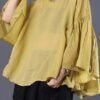 Elegant yellow linen Tunic Cotton o neck summer ruffles shirt
