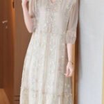 Fashion Beige Embroidered Lace Ruffled Silk Dresses Half Sleeve
