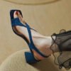 Fashion Blue Cross Strap Splicing Chunky Genuine Suede surface Sandals