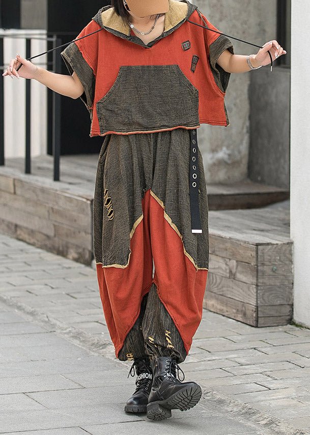 Fashion Colorblock Red Hooded Drawstring Patchwork Hole Tops And Harm Pants Two Pieces Set Short Sleeve