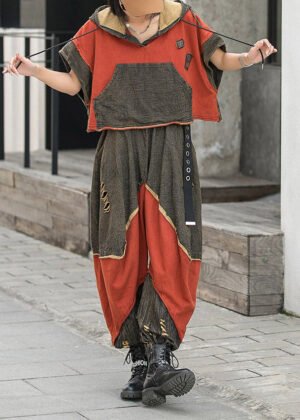 Fashion Colorblock Red Hooded Drawstring Patchwork Hole Tops And Harm Pants Two Pieces Set Short Sleeve