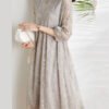 Fashion Light Grey Cinched Embroideried Chiffon Vacation Dresses Three Quarter sleeve