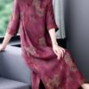 Fashion Purple Stand Collar Print Button Side Open Silk Long Dresses Summer