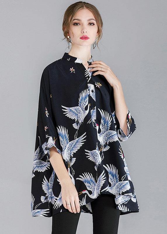 Fine Navy Stand Collar Asymmetrical Design Fall Three Quarter Sleeve Shirt Top