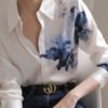 Fine White Peter Pan Collar Print Button Silk Shirt Long sleeve
