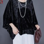 French Black O-Neck Oversized Silk Velour Shirt Tops Batwing Sleeve