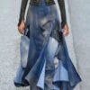 French Blue Asymmetrical Patchwork Denim Skirts Summer