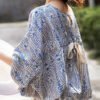 French Blue O Neck Print Lace Up Cotton Tops Batwing Sleeve