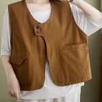 French Coffee Pockets Patchwork Cotton Vest Sleeveless