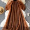 French Coffee Square Collar Wrinkled Patchwork Tulle Dresses Lantern Sleeve