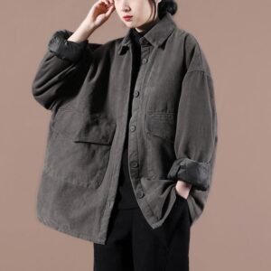 French gray Plus Size maxi coat Cotton lapel Button Down spring jackets