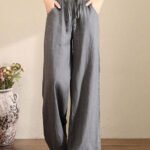 French Grey Elastic Waist Pockets Linen Wide Leg Pants Summer