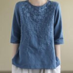 French Navy O-Neck Embroideried Cotton Blouses Half Sleeve
