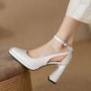 French White Buckle Strap Splicing Hollow Out Chunky High Heels